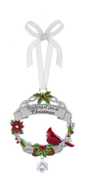 Cardinal zinc tree ornament "Thinking of you at Christmas"