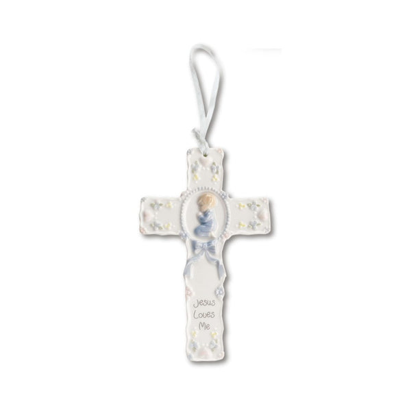 Porcelain wall cross - Jesus Loves Me - blue