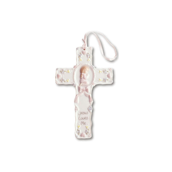 Porcelain wall cross - Jesus Loves Me - pink